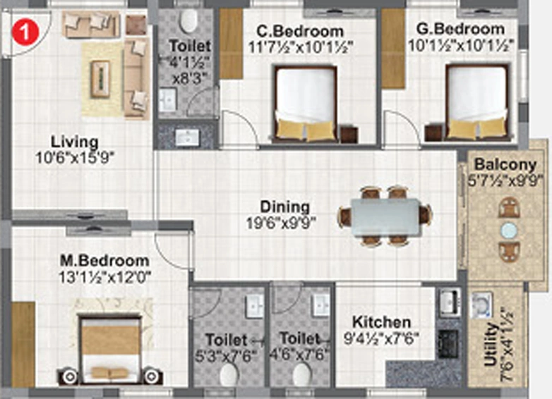 3 BHK Flat in Concrete Vivanta in Miyapur, Hyderabad - Image 802872