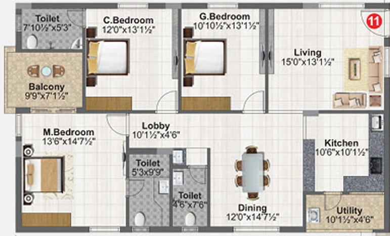 3 BHK Flat in Concrete Vivanta in Miyapur, Hyderabad - Image 802874