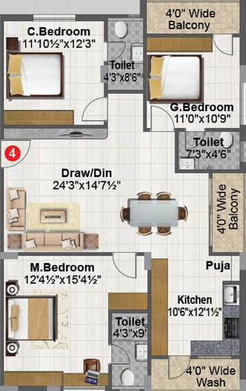 3 BHK Flat in Fortune Gold Finch in Puppalaguda, Hyderabad - Image 803140