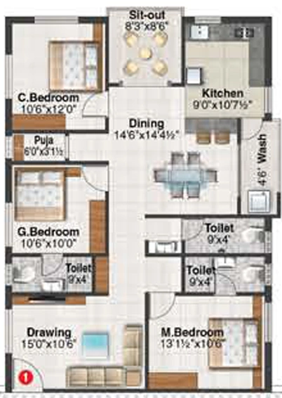 3 BHK Flat in Rishis Sais Four Seasons in Miyapur, Hyderabad - Image 803737