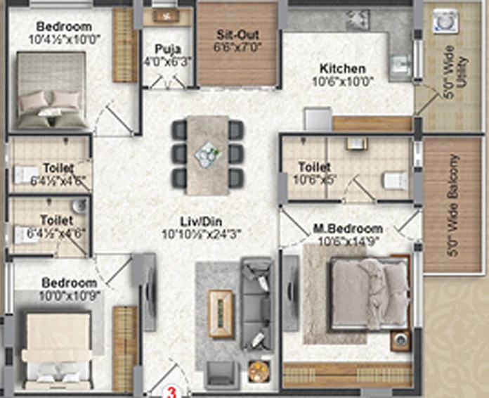 3 BHK Flat in Jai Vaasavi Brundavanam in Uppal, Hyderabad - Image 805272