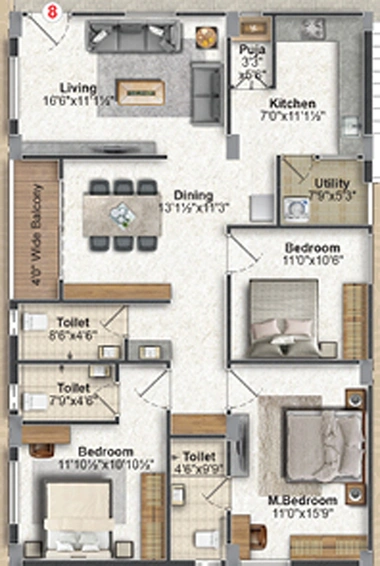 3 BHK Flat in Jai Vaasavi Brundavanam in Uppal, Hyderabad - Image 805273