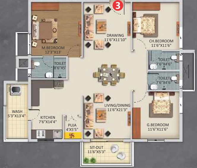 3 BHK Flat in Haris Rukmini Pranava 101 in LB Nagar, Hyderabad - Image 806180