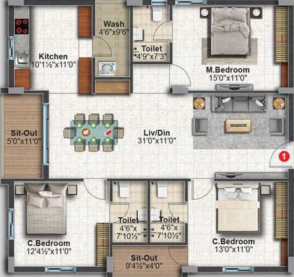 3 BHK Flat in Aravind Balaji Divine in Kompally, Hyderabad - Image 807296