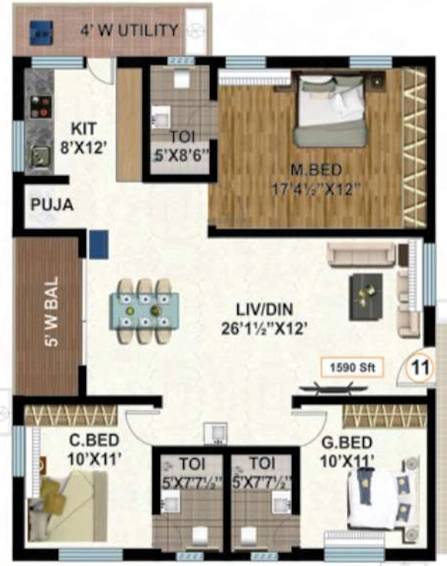 3 BHK Flat in Ashraya KVR Ashraya Awas in LB Nagar, Hyderabad - Image 808308
