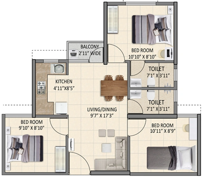 3 BHK Flat in Shriram Sunshine 2 in Uttarpara, Kolkata - Image 811017
