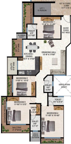 4 BHK Flat in Yash Anjaneya Crest in Samarth Nagar East, Nagpur - Image 747560