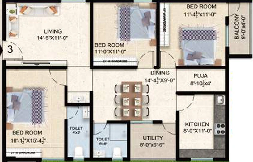 3 BHK Flat in Sai Ram Grand in Chinnamushidiwada, Visakhapatnam - Image 816442