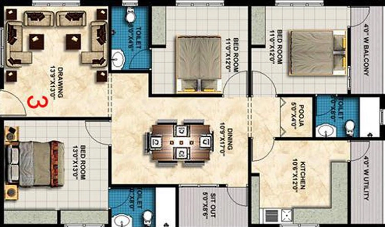 3 BHK Flat in Sri Silver Springs in Pragathi Nagar, Hyderabad - Image 822029