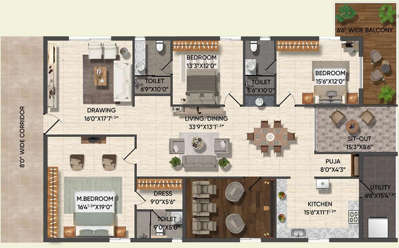 3 BHK Flat in Subishi Polam in Kompally, Hyderabad - Image 764024