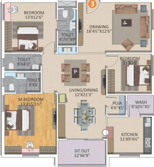 3 BHK Flat in Gangothri Nakshatra Pride in Manikonda, Hyderabad - Image 831886