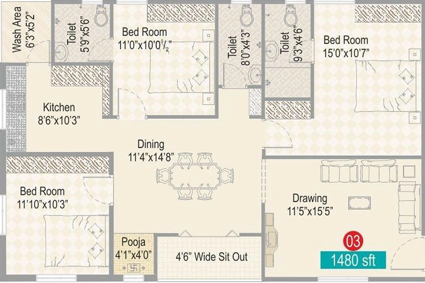 3 BHK Flat in AK Heights Two in Kondapur, Hyderabad - Image 832164