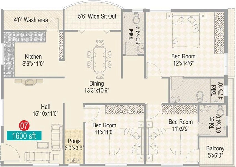 3 BHK Flat in AK Heights Two in Kondapur, Hyderabad - Image 832165