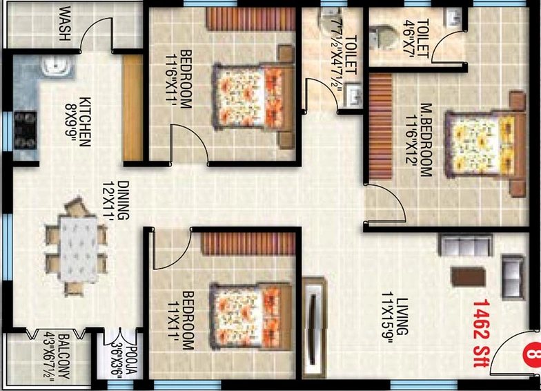 3 BHK Flat in Sai Vamsee Brindavan in Hafeezpet, Hyderabad - Image 832481