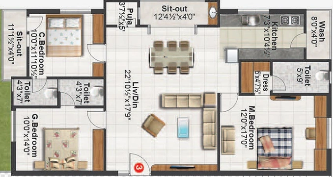 3 BHK Flat in Saanvi Pleasure Home in Manikonda, Hyderabad - Image 833181