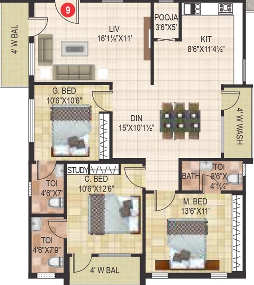 3 BHK Flat in Sri Vathsa Sky Heaven in Miyapur, Hyderabad - Image 833561