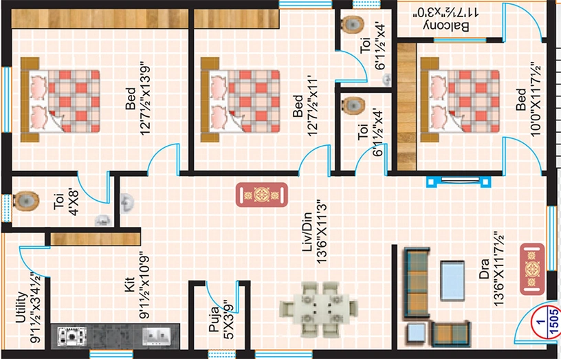 3 BHK Flat in Akruthi Srinivasam in Nizampet, Hyderabad - Image 834710