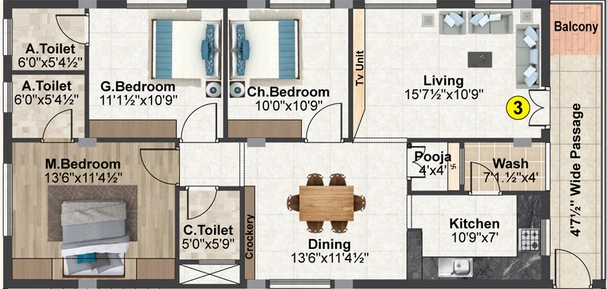 3 BHK Flat in Siri Sampada White Cloud in Vanasthalipuram, Hyderabad - Image 844498
