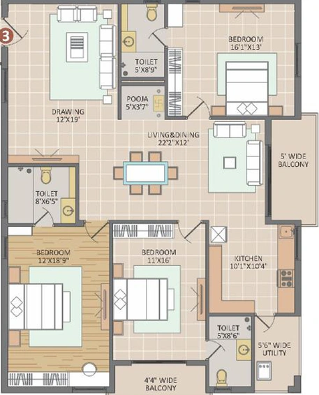 3 BHK Flat in Vamsiram Jyothi Botanica in Hitech City, Hyderabad - Image 797497