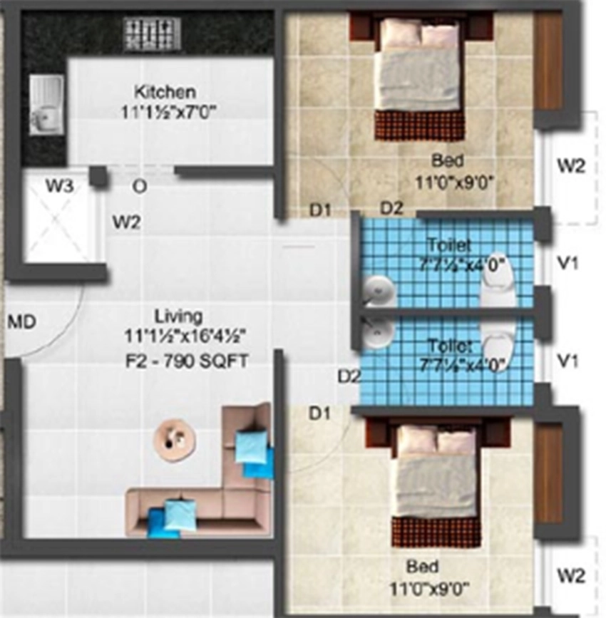 2 BHK Flat in Vijay Sri Sai Tulip in Medavakkam, Chennai - Image 884993