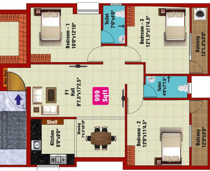 3 BHK Flat in JKB Galaxy Apartments in Mugalivakkam, Chennai - Image 843295