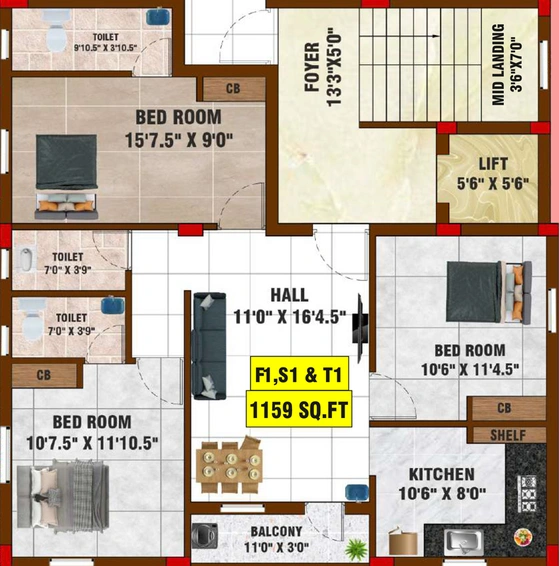 3 BHK Flat in Bharathi Sai Kaviri in Pammal, Chennai - Image 853097