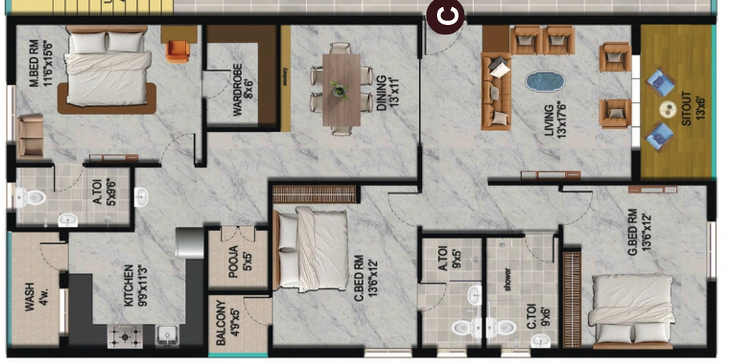 3 BHK Flat in Rutadhama M M Residency in Himayat Nagar, Hyderabad - Image 904125