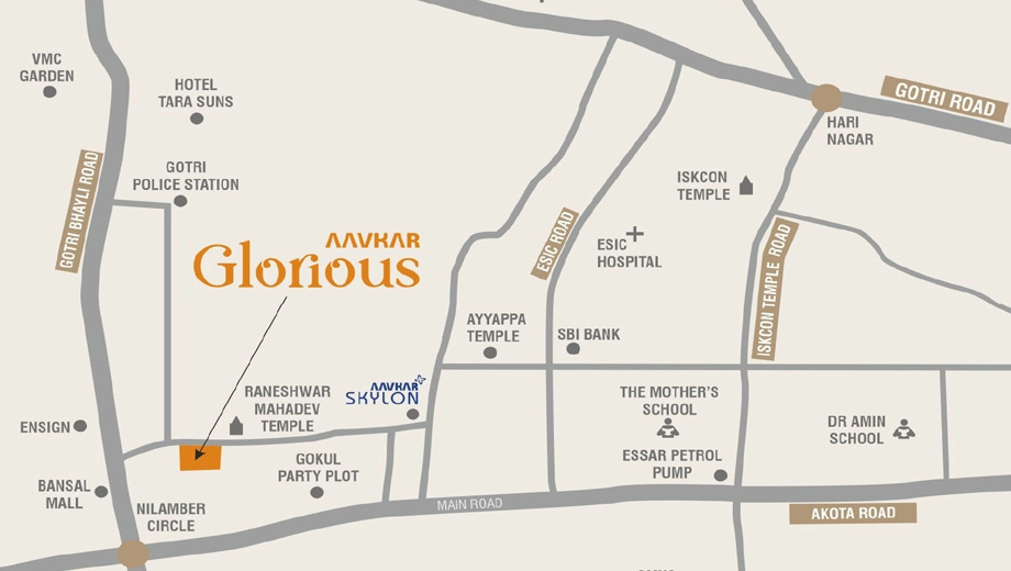 Location of Aavkar Glorious in Gotri, Vadodara - Image 375080