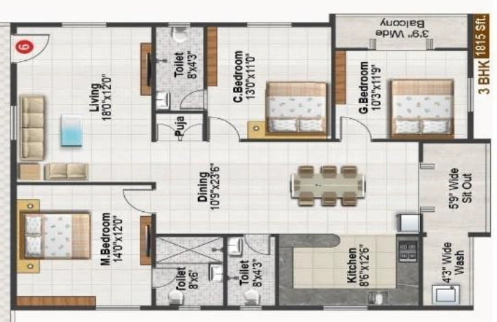 3 BHK Flat in AR Infra Green Valley in Kondapur, Hyderabad - Image 907285
