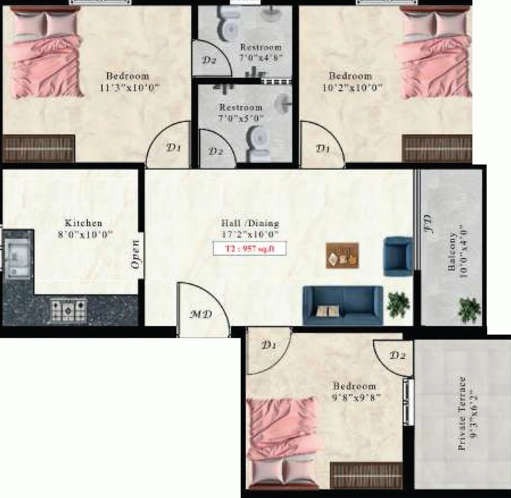 3 BHK Flat in AK Pink Calcite in Sembakkam, Chennai - Image 907378