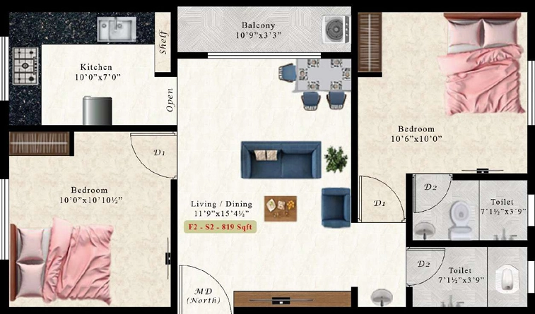 2 BHK Flat in AK Watermelon Turnmaline in Pammal, Chennai - Image 907995