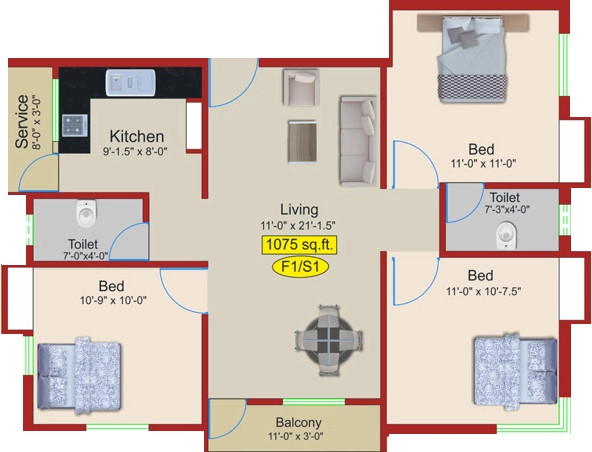 3 BHK Flat in Aliyah Iris in Perungudi, Chennai - Image 908746