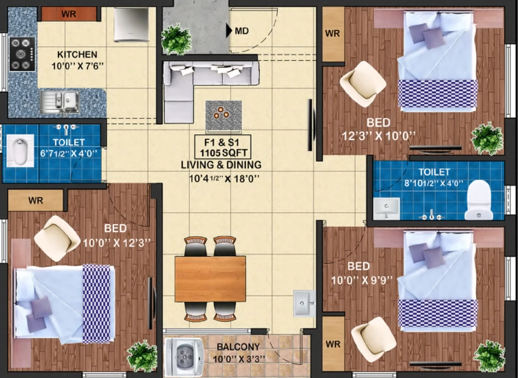 3 BHK Flat in KST Sai Krupa in Chromepet, Chennai - Image 911856
