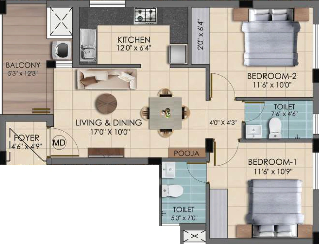2 BHK Flat in Vikaan Sai Harmony in Kovilambakkam, Chennai - Image 912612