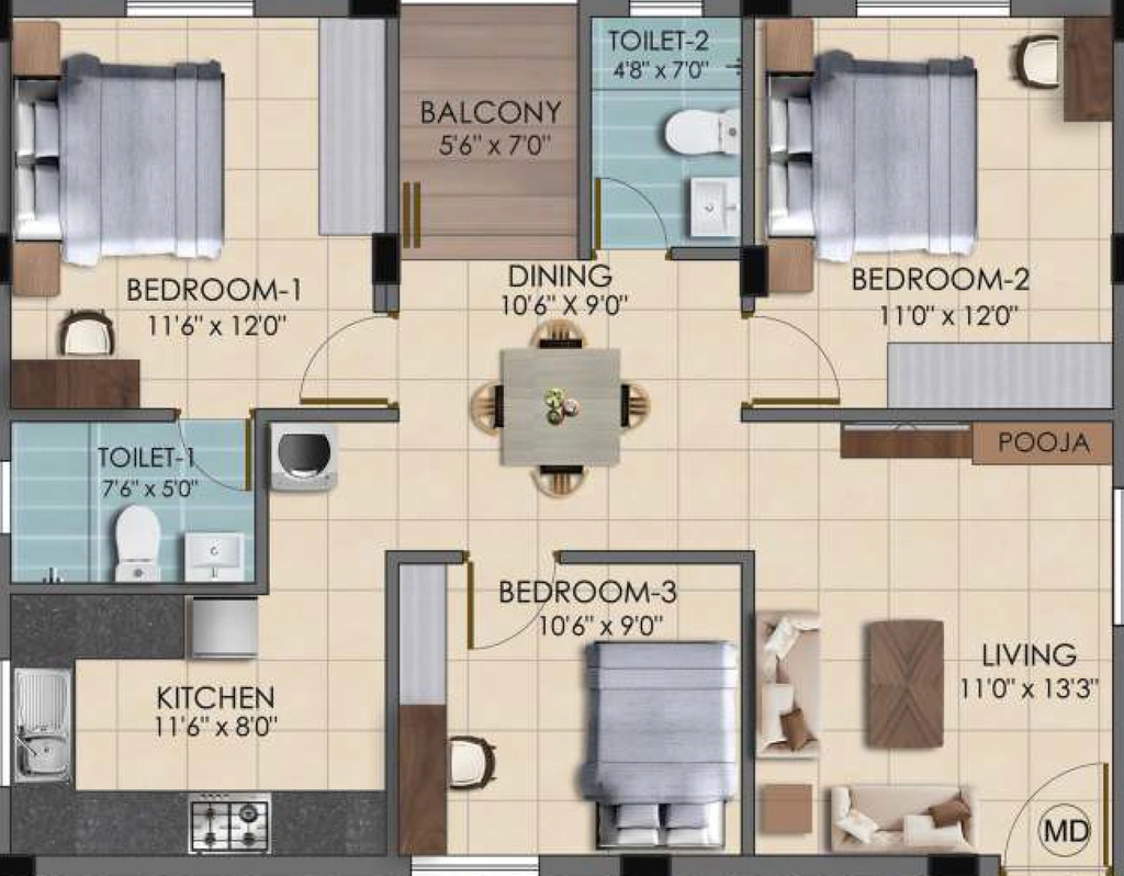 3 BHK Flat in Vikaan Sai Harmony in Kovilambakkam, Chennai - Image 912614