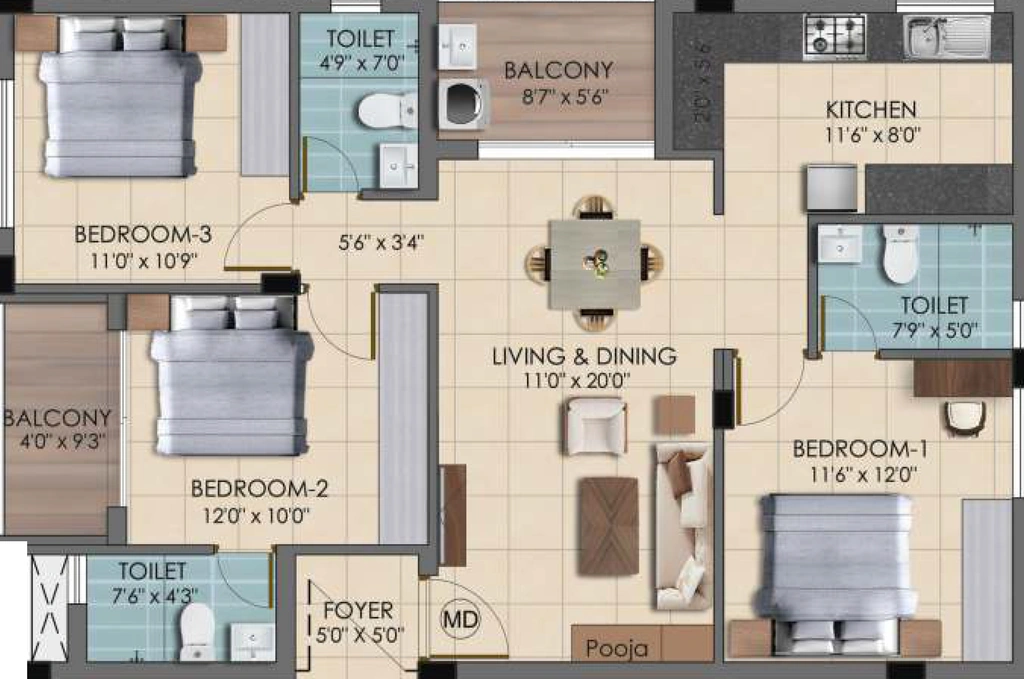 3 BHK Flat in Vikaan Sai Harmony in Kovilambakkam, Chennai - Image 912615