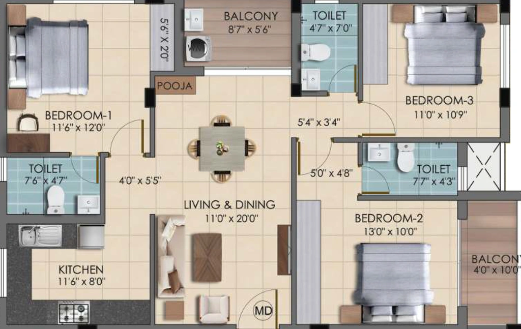 3 BHK Flat in Vikaan Sai Harmony in Kovilambakkam, Chennai - Image 912617