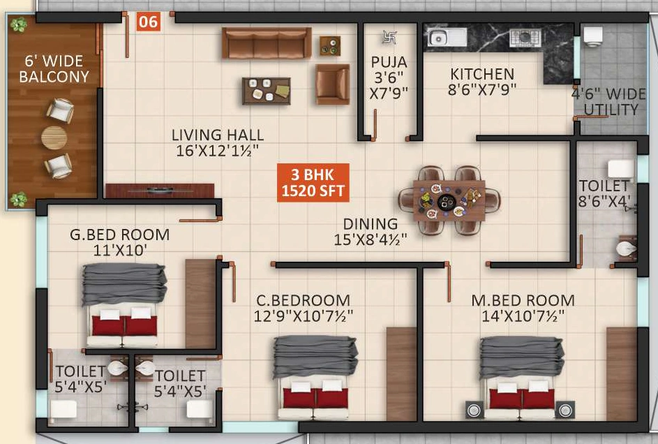 3 BHK Flat in PR Sunridge Homes in Meerpet, Hyderabad - Image 915535