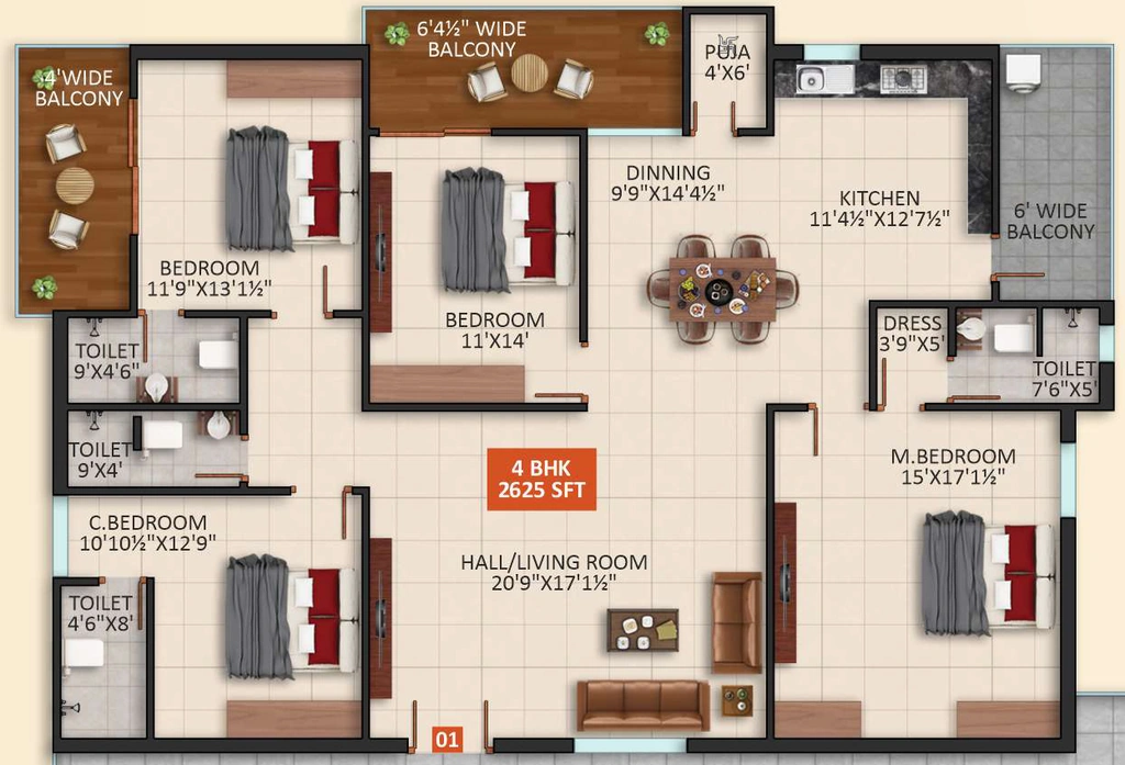 4 BHK Flat in PR Sunridge Homes in Meerpet, Hyderabad - Image 915537