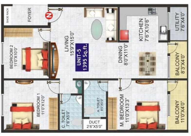 3 BHK Flat in Megas Kamala Residency in Yeshwanthpur, Bangalore - Image 915654