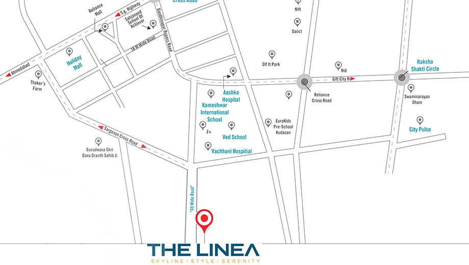 Location of The Linea in Kudasan, Gandhinagar - Image 401030