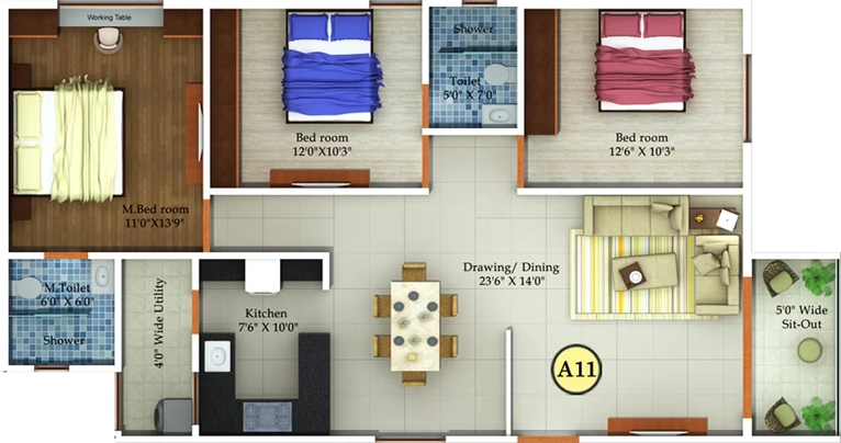 3 BHK Flat in Fortuna Blue Wings in Sahakara Nagar, Bangalore - Image 919382