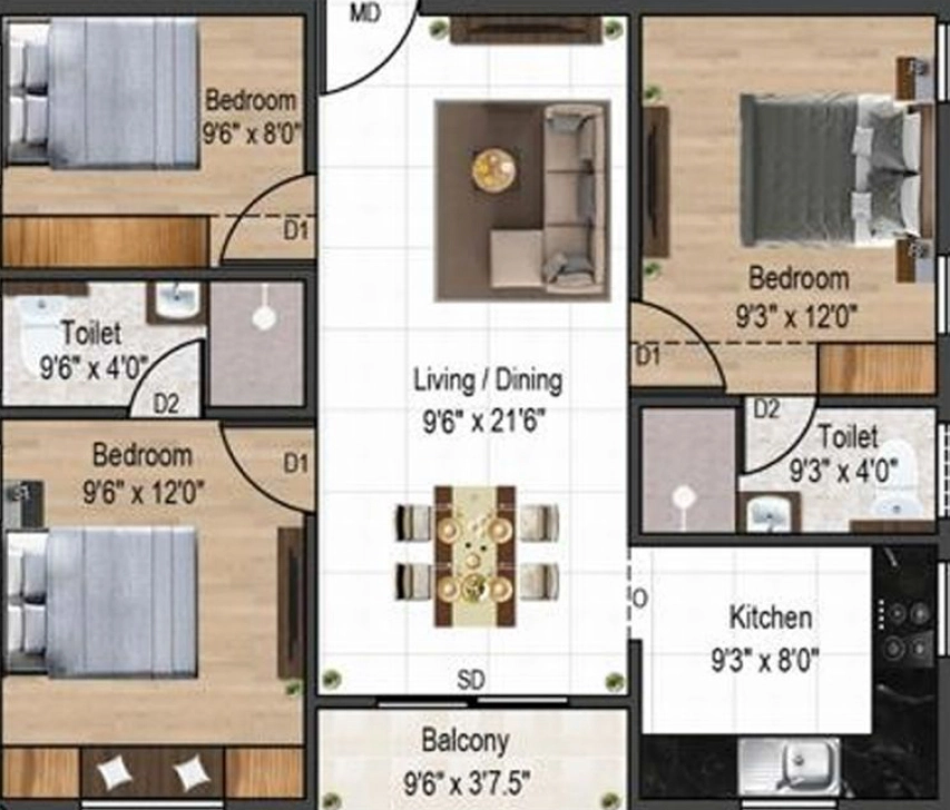 3 BHK Flat in Aiyngaran Aksharam in Valasaravakkam, Chennai - Image 919375
