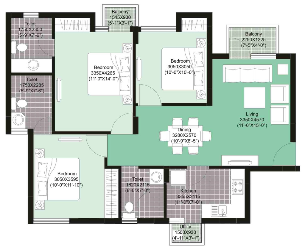 3 BHK Flat in Unitech Uniworld Gardens 2 in Sector 47, Gurgaon - Image 919395