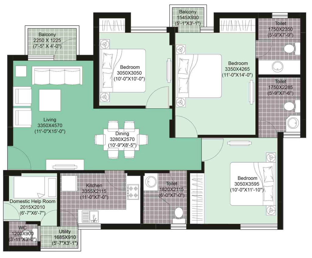 3 BHK Flat in Unitech Uniworld Gardens 2 in Sector 47, Gurgaon - Image 919396