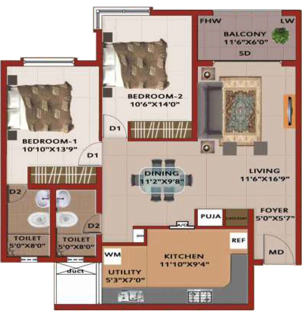 2 BHK Flat in Sankalp Central Park in Yadavagiri, Mysore - Image 923737