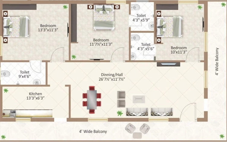 3 BHK Flat in Suresan Akshaya Residency in Poranki, Vijayawada - Image 924921
