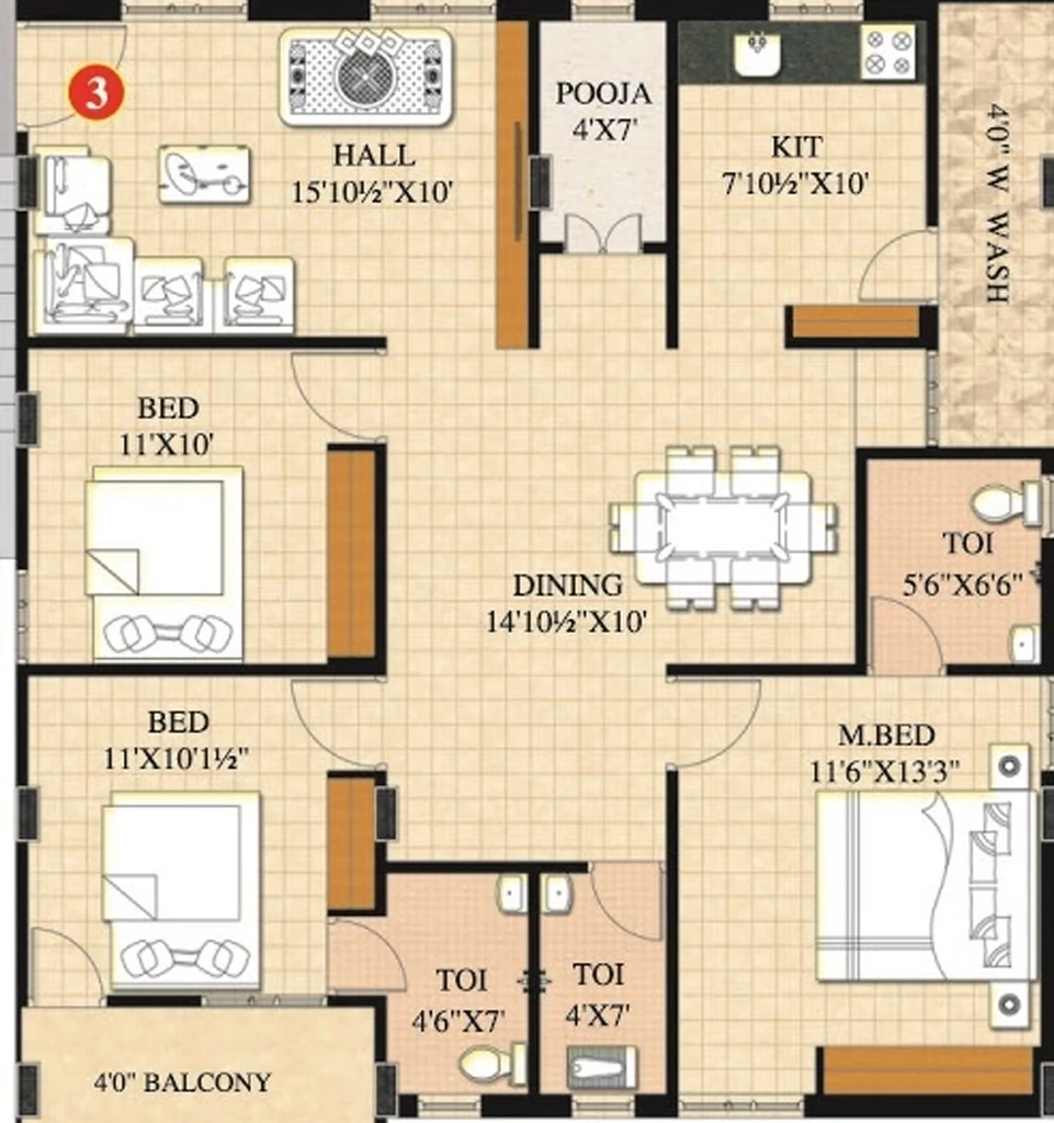 3 BHK Flat in Yodha Sai Ramachandra Grandeur in Tadigadapa, Vijayawada - Image 924926