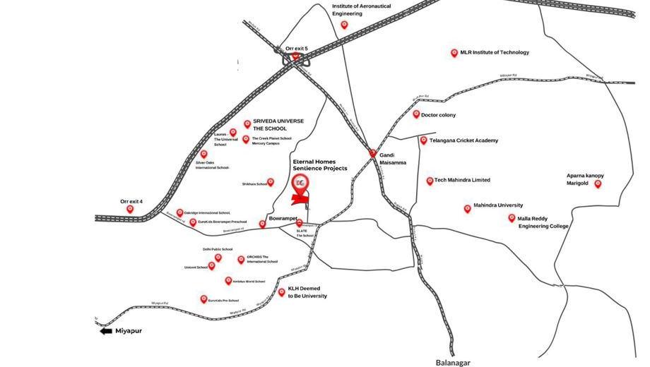 Location of Sentience Custom Built Homes in Bowrampet, Hyderabad - Image 420013