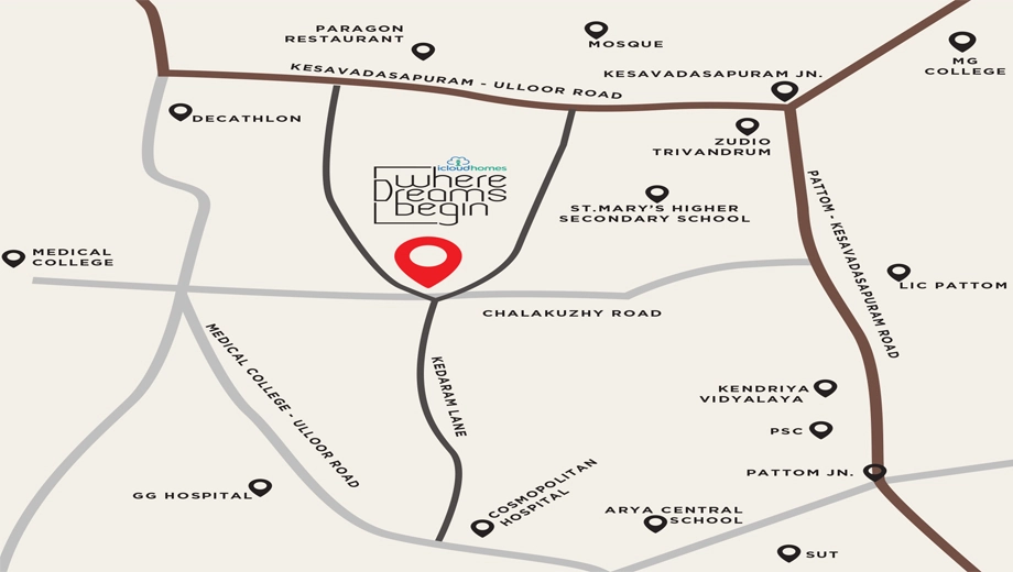 Location of icloudHomes Where Dreams Begin in Pattom, Thiruvananthapuram - Image 420853